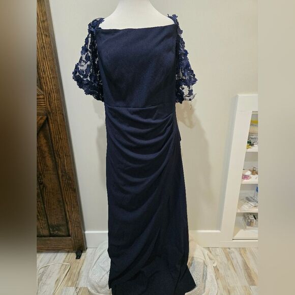 XSCAPE Plus Size Off-The-Shoulder Embellished-Sleeve Gown NWT sz 16 Blue - Picture 4 of 7